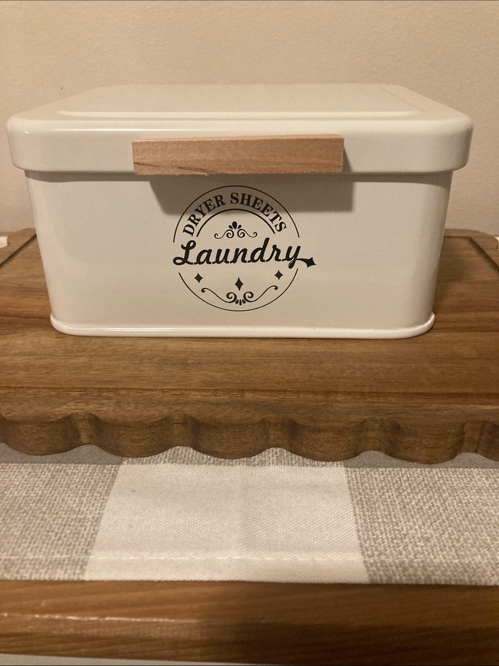 Off White Laundry Dryer Sheets Tin with Wood Accent